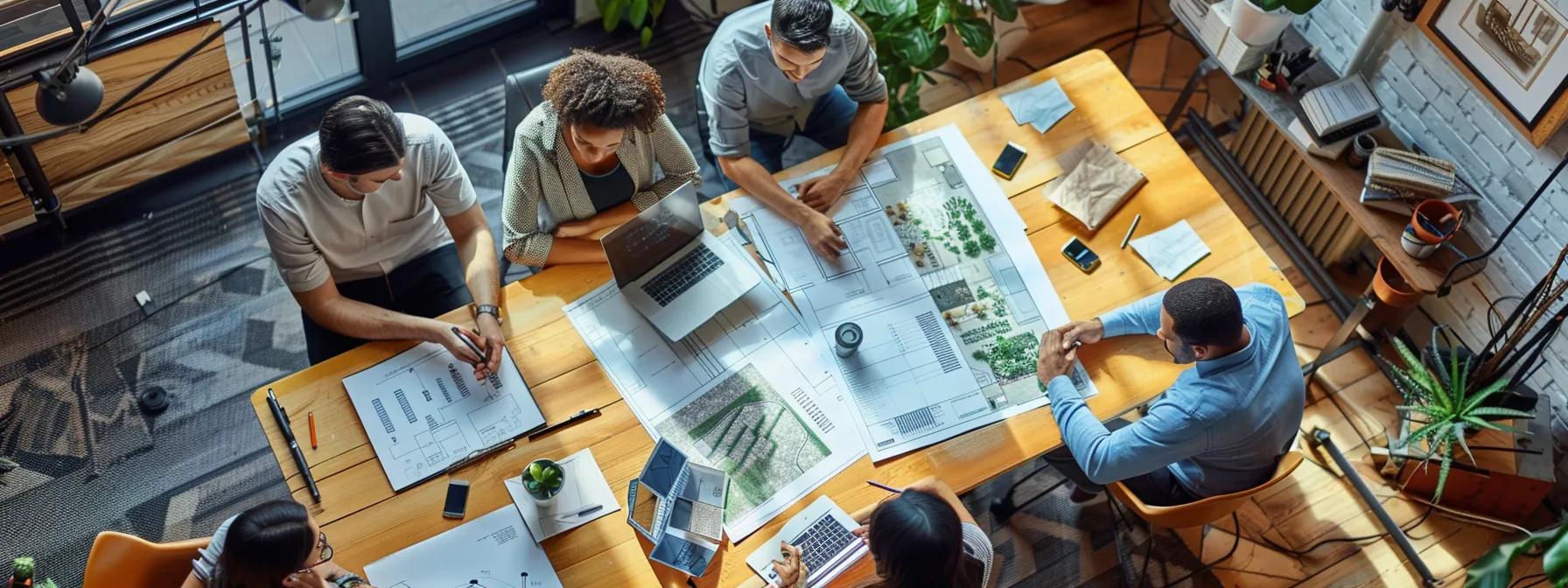 a modern office space showcases a collaborative team engaged in a dynamic landscape design meeting, surrounded by blueprints, plant samples, and digital design tools, radiating professionalism and creativity.