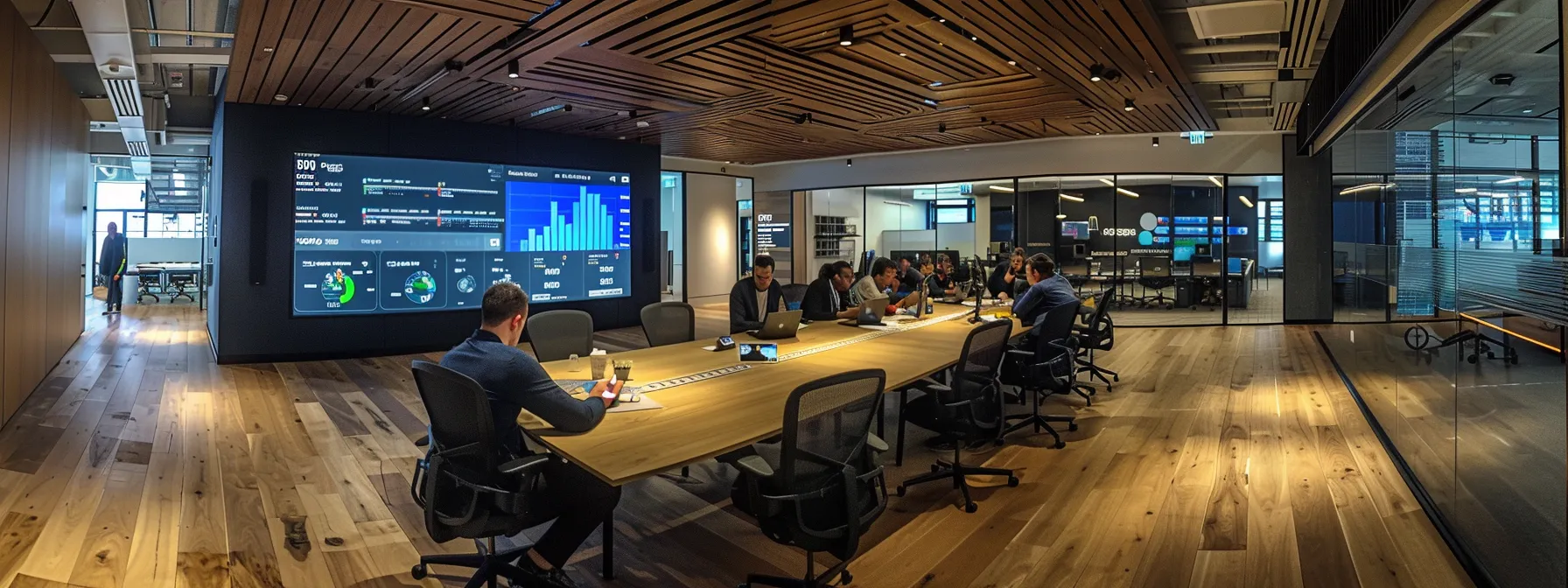 a modern office space showcases a diverse team engaged in a lively strategy session around a large table, featuring digital performance dashboards displayed on screens and charts reflecting their accountability for marketing goals.