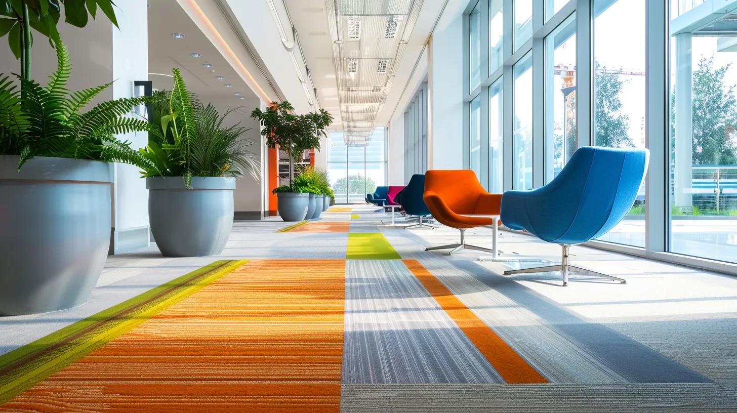 a modern office space showcases a professional carpet cleaning demonstration, featuring sleek equipment engaging with vibrant carpets that highlight the effectiveness of various cleaning methods.