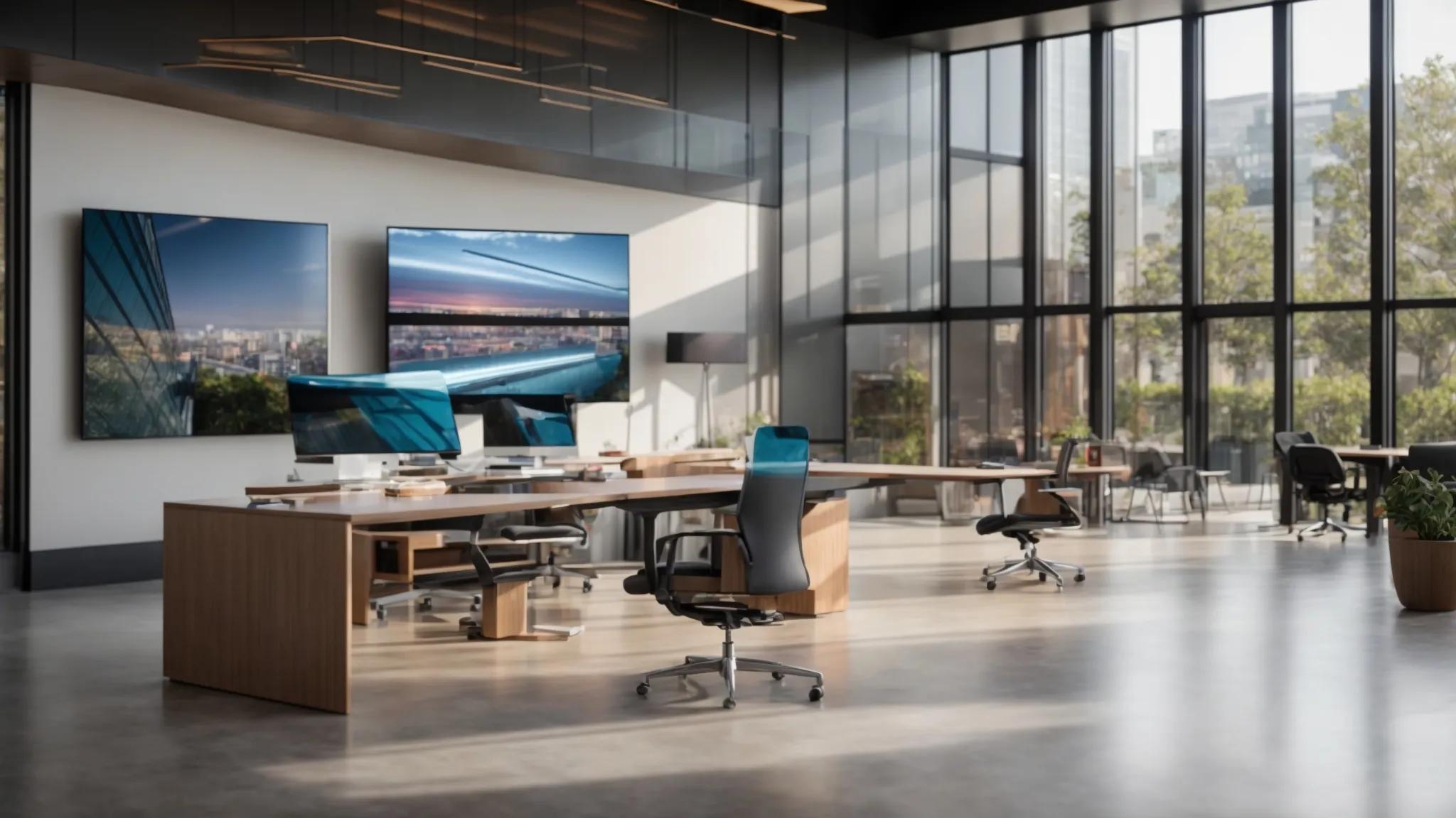 a modern office space showcases a sleek presentation table with a digital display featuring vibrant images of various roofing materials, emphasizing energy-efficient options and innovative designs amidst a backdrop of sleek, contemporary architecture. a modern office space showcases a sleek presentation table with a digital display featuring vibrant images of various roofing materials, emphasizing energy-efficient options and innovative designs amidst a backdrop of sleek, contemporary architecture.