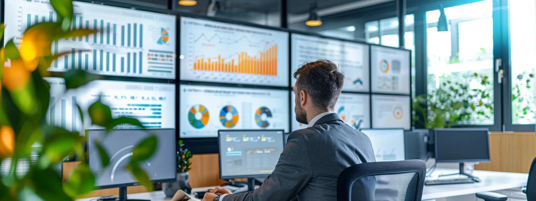 a modern office space showcases an insurance agent analyzing digital marketing analytics on multiple screens, surrounded by vibrant graphics of online engagement metrics and lead generation strategies displayed on digital boards.