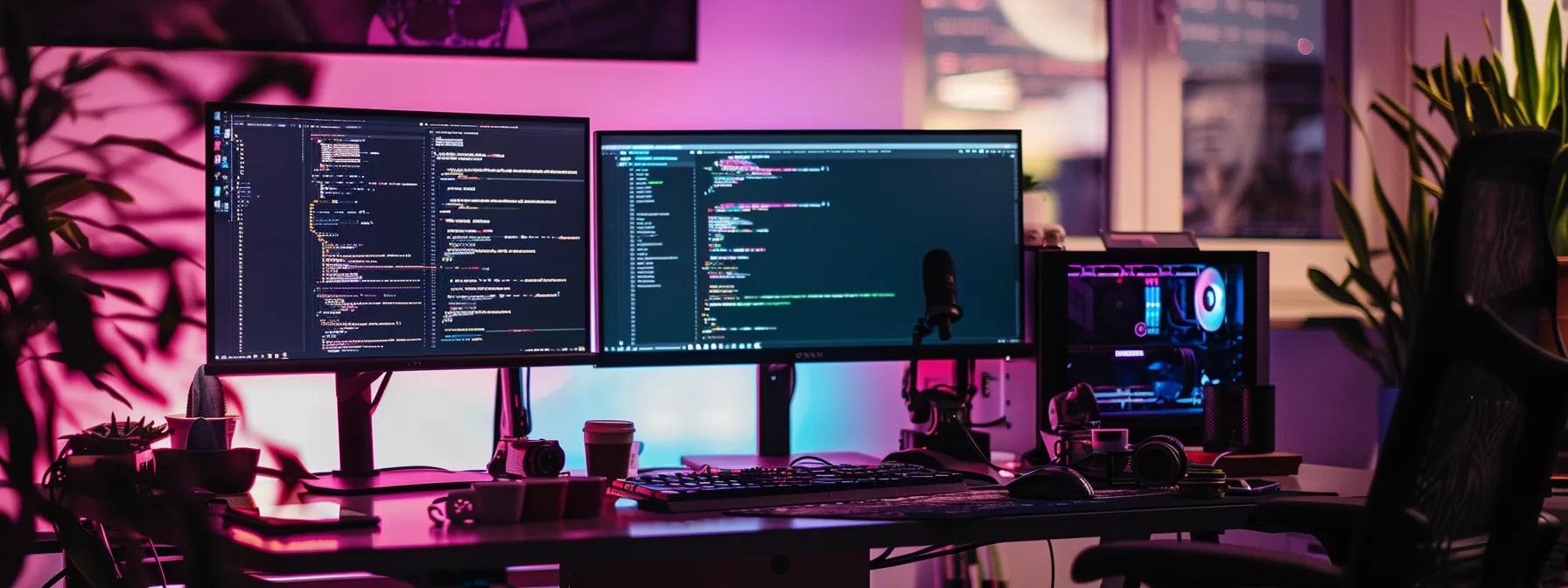 a modern office workspace demonstrates a sleek setup for custom wordpress development, showcasing multiple monitors displaying code, a local server configuration interface, and an organized workspace filled with tech gadgets and development tools, all under bright, focused lighting.