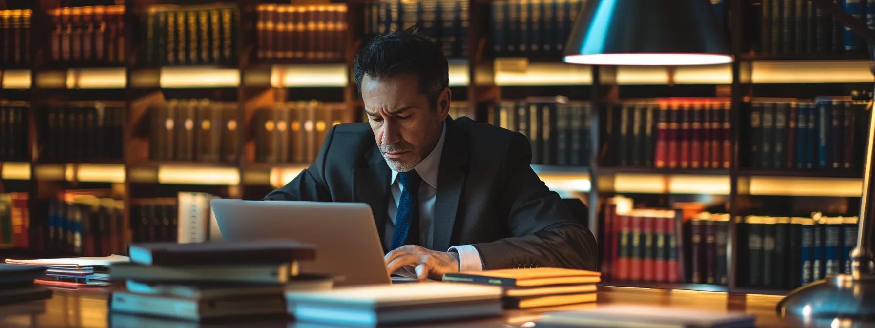 a modern office workspace, featuring an individual intently reviewing legal documents on a sleek laptop, surrounded by books on criminal law and expungement eligibility, under bright, focused overhead lighting that highlights the seriousness of the task. a modern office workspace, featuring an individual intently reviewing legal documents on a sleek laptop, surrounded by books on criminal law and expungement eligibility, under bright, focused overhead lighting that highlights the seriousness of the task.