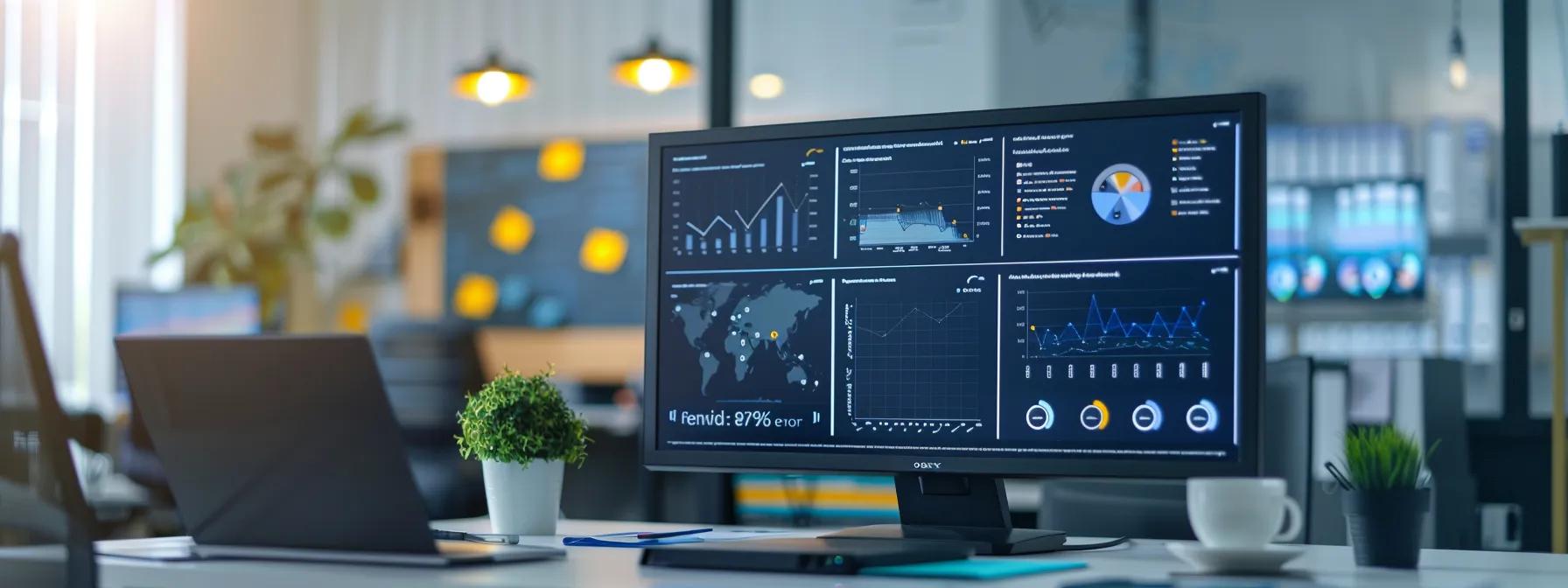 a modern office workspace features a large screen displaying vibrant infographics and a detailed guide about creating linkable content, surrounded by open laptops and notes, illustrating the process of generating engaging, data-driven resources for attracting dofollow backlinks.