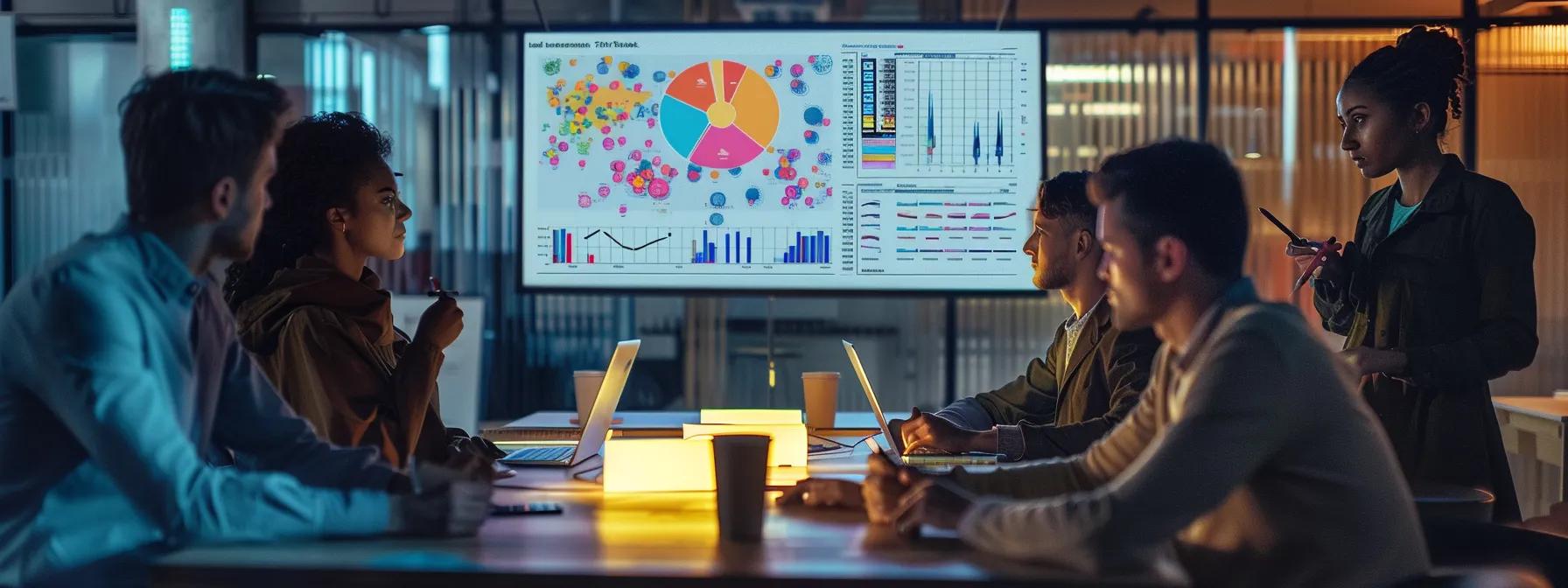 a modern office workspace features a sleek laptop displaying vibrant online marketing analytics, with a collaborative team of diverse professionals brainstorming strategies around a large whiteboard filled with colorful diagrams and notes.