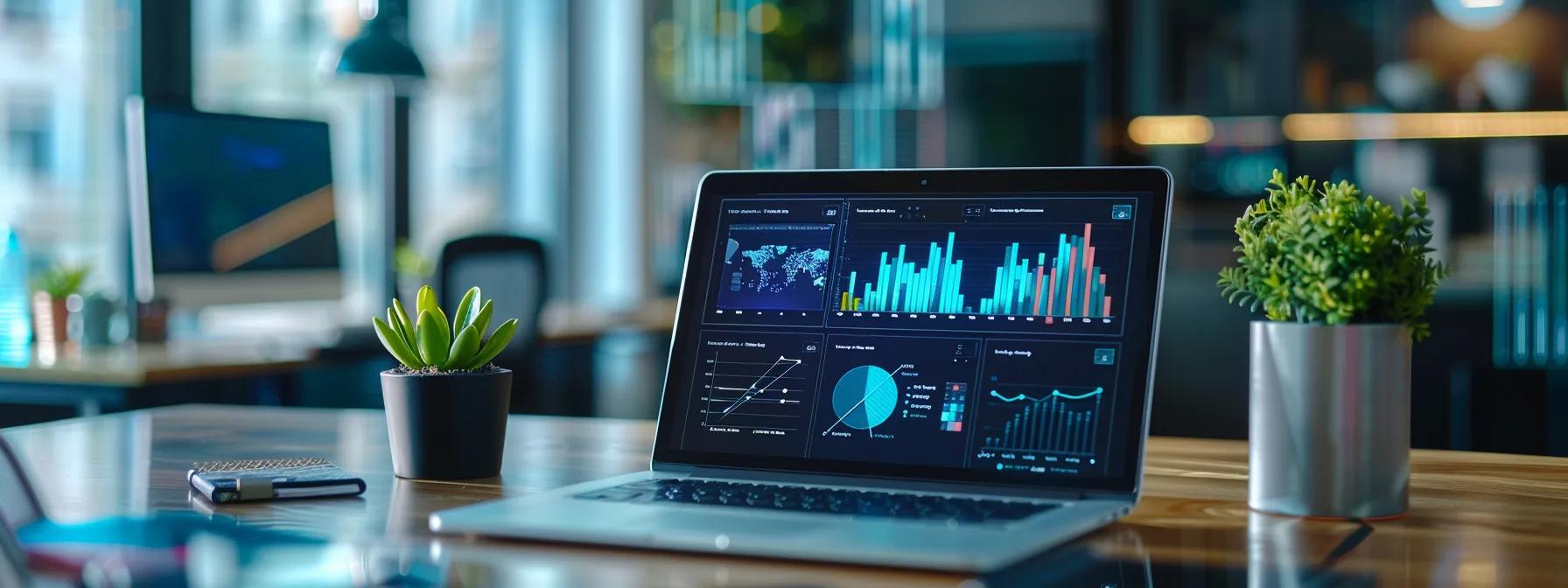 a modern office workspace features a sleek laptop displaying analytical data and website metrics on the screen, with a blurred backdrop of tech-savvy professionals discussing technical seo strategies in a well-lit, contemporary setting.