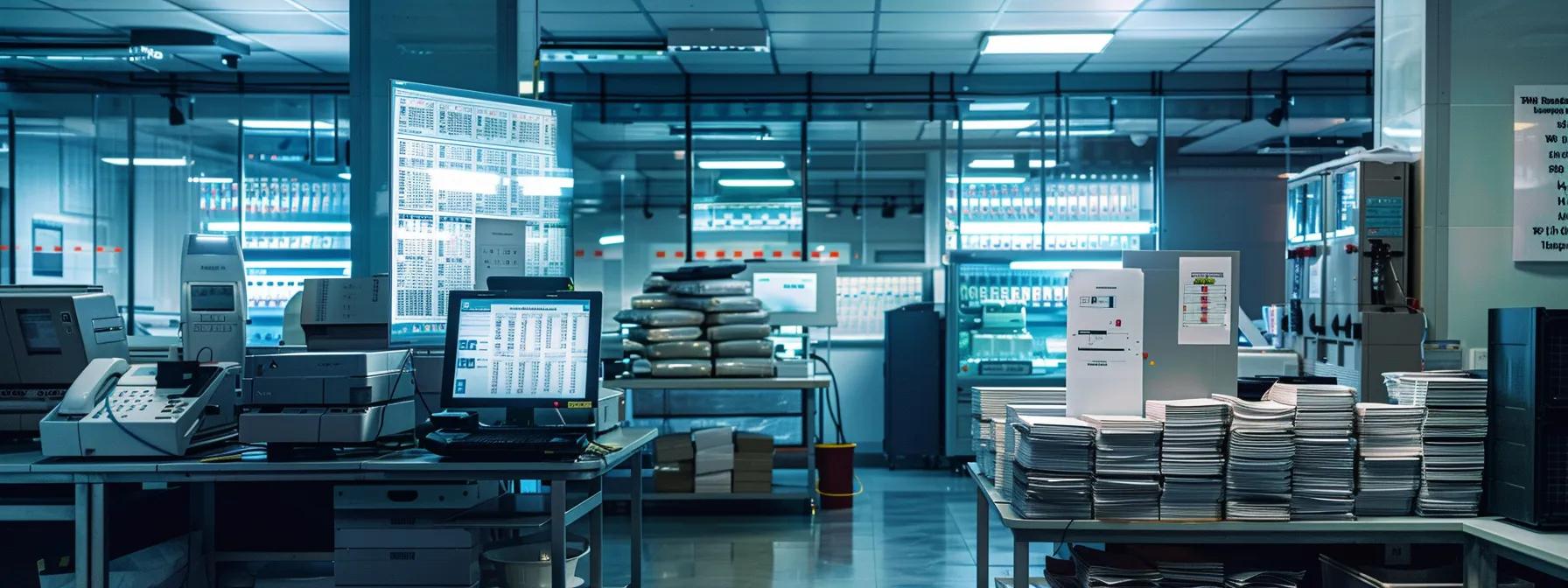 a modern office workspace features a sleek, high-tech cheque printing machine surrounded by stacks of freshly printed cheques and digital displays illustrating the intricate cheque printing process, all under bright, focused led lighting.