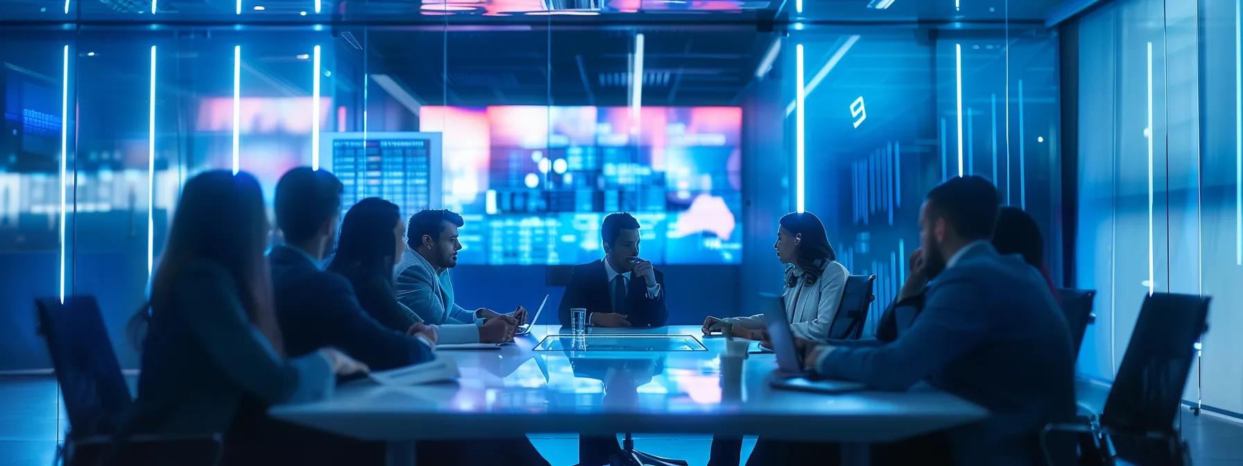 a modern office workspace featuring a sleek conference table with diverse professionals engaged in a dynamic discussion, digital screens displaying the latest tv pr trends in the background, illuminated by bright yet soft artificial lighting.