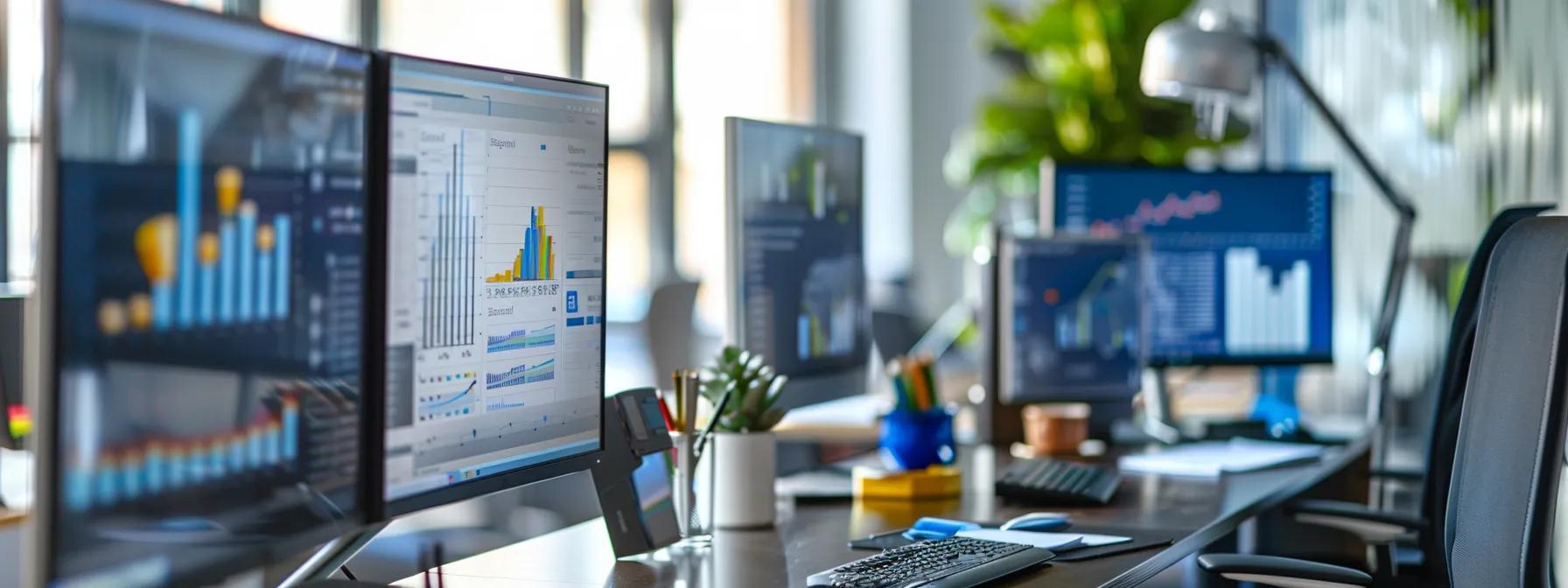 a modern office workspace is filled with sleek computers displaying vibrant email marketing analytics and dynamic campaign visuals, highlighting the strategic importance of email marketing in lead generation. a modern office workspace is filled with sleek computers displaying vibrant email marketing analytics and dynamic campaign visuals, highlighting the strategic importance of email marketing in lead generation.