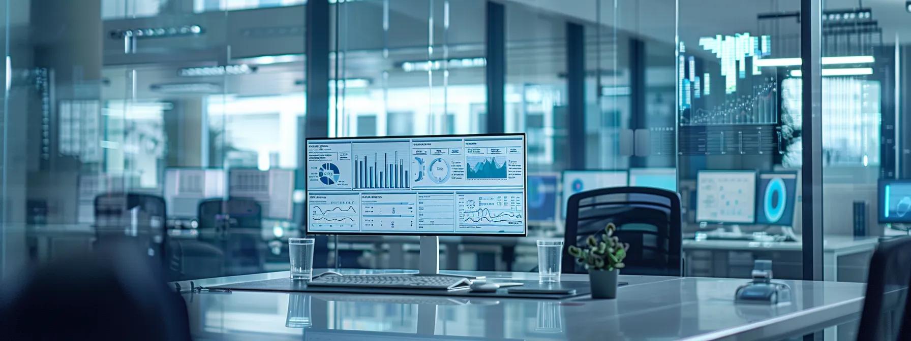 a modern office workspace showcases a sleek, digital dashboard displaying intricate graphs and flowcharts, symbolizing the vital role of traceability and documentation in enhancing quality control and transparency in production processes.