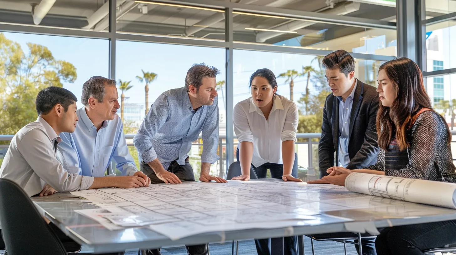 a modern office workspace showcases a diverse group of professionals engaged in a dynamic discussion around a large table covered with blueprints and project plans, highlighting the process of selecting the right construction company.
