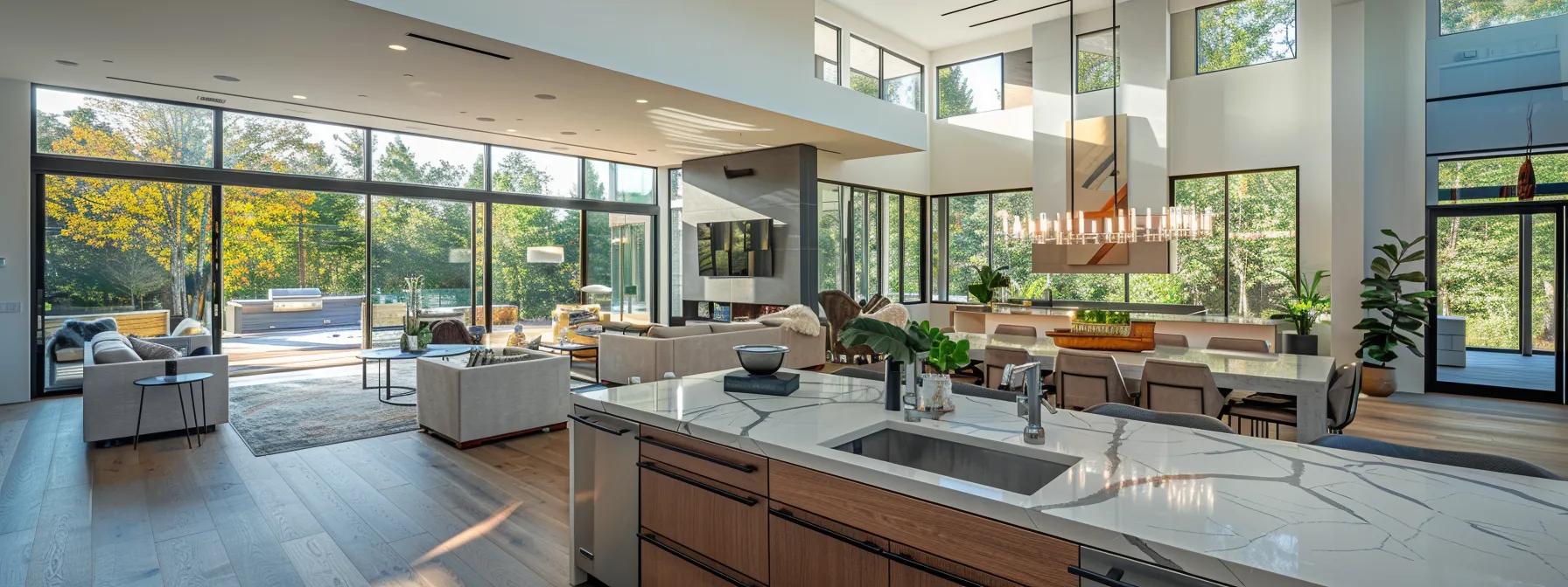 a modern, open-concept home interior showcases sleek quartz countertops, hardwood flooring, and large windows, seamlessly blending stylish design with smart home technology in a beautifully illuminated space ideal for both relaxation and productivity. a modern, open-concept home interior showcases sleek quartz countertops, hardwood flooring, and large windows, seamlessly blending stylish design with smart home technology in a beautifully illuminated space ideal for both relaxation and productivity.