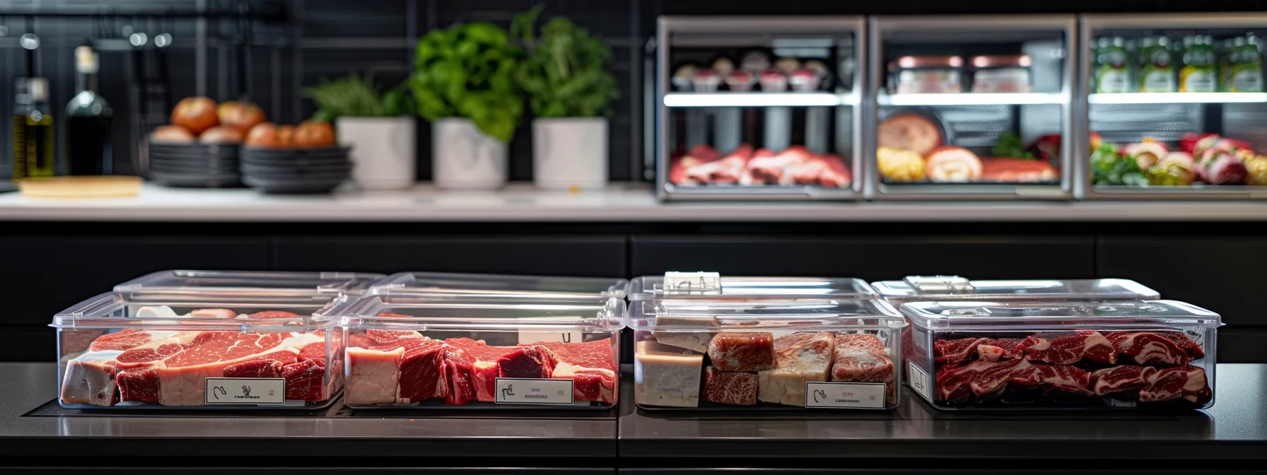 a modern, organized kitchen freezer filled with neatly arranged packages of various beef cuts, labeled for easy access, with a sleek meal planning board in the background showcasing diverse recipe ideas.