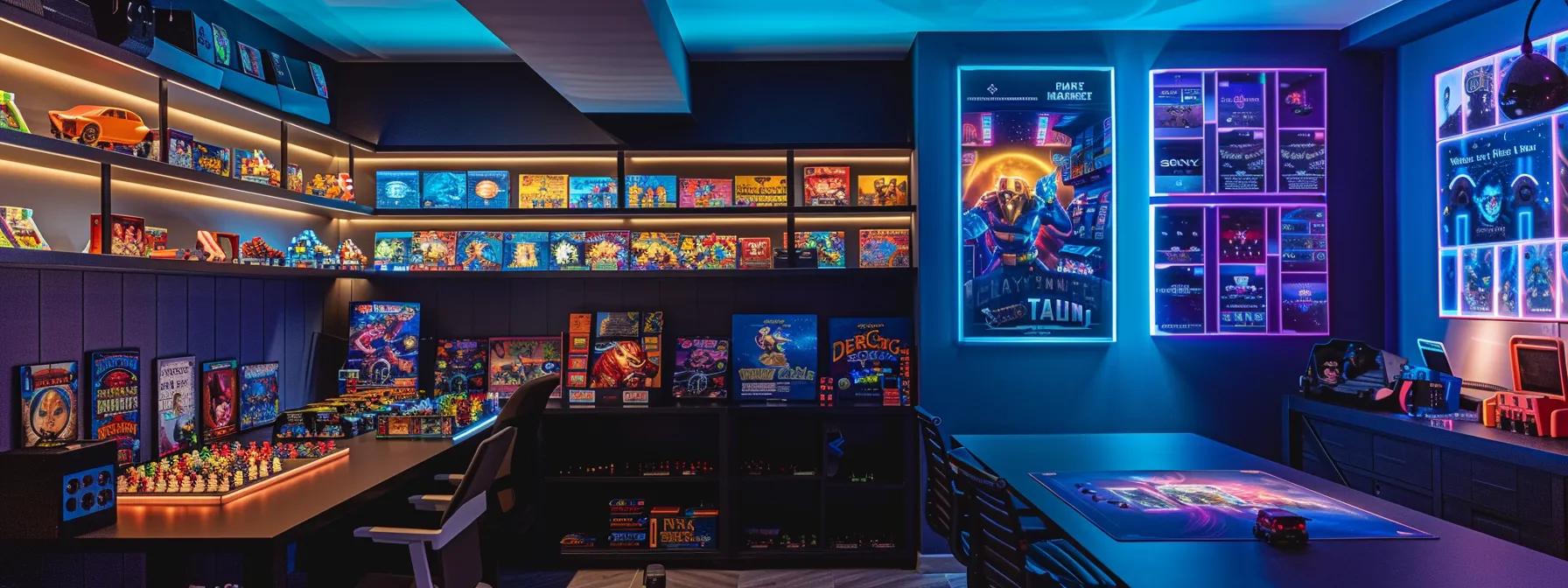 a modern, organized tabletop gaming room showcases sleek modular storage solutions displaying neatly arranged game boxes and components, highlighted by warm ambient lighting that emphasizes the collection's vibrant colors. a modern, organized tabletop gaming room showcases sleek modular storage solutions displaying neatly arranged game boxes and components, highlighted by warm ambient lighting that emphasizes the collection's vibrant colors.