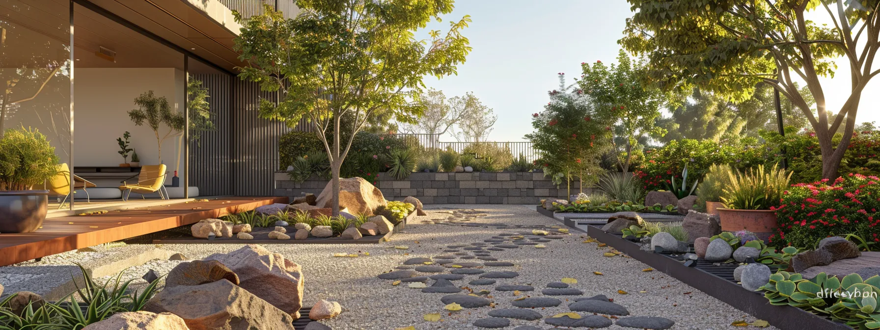 a modern outdoor space showcases sustainable hardscaping with eco-friendly materials and smart drainage solutions, featuring textured stone pathways and vibrant recycled elements, all set in a well-designed urban landscape. a modern outdoor space showcases sustainable hardscaping with eco-friendly materials and smart drainage solutions, featuring textured stone pathways and vibrant recycled elements, all set in a well-designed urban landscape.