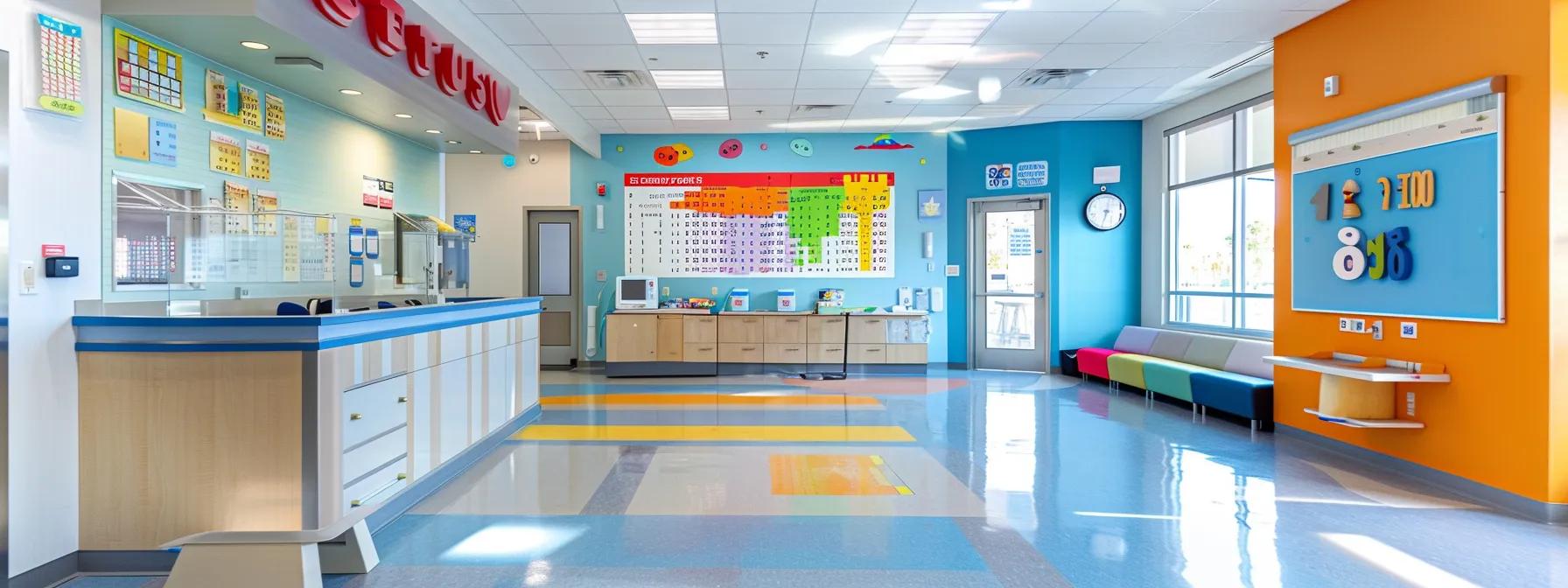 a modern pediatric office features a large, colorful growth chart prominently displayed on the wall, with a thoughtfully arranged infant weighing station and educational materials about child development in the background. a modern pediatric office features a large, colorful growth chart prominently displayed on the wall, with a thoughtfully arranged infant weighing station and educational materials about child development in the background.