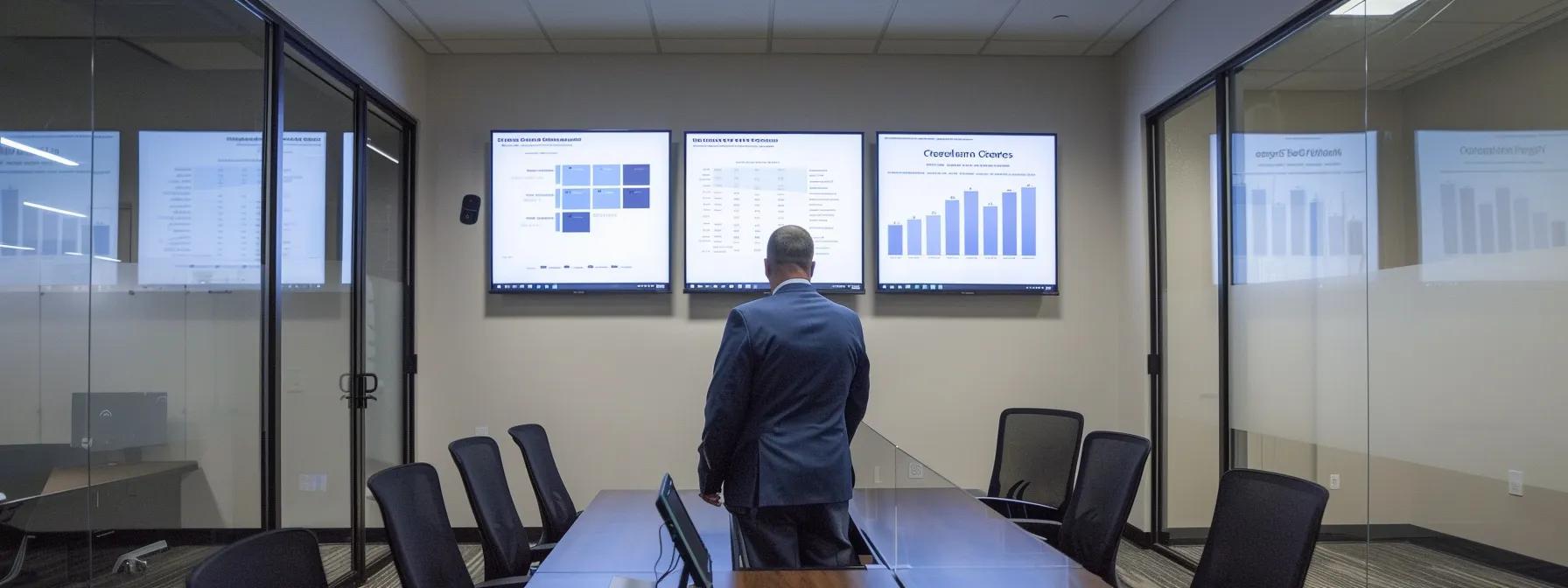 a modern pest control office features a sleek conference room where a professional discusses custom treatment plans with clients, surrounded by visually striking charts on infestation severity and treatment options.