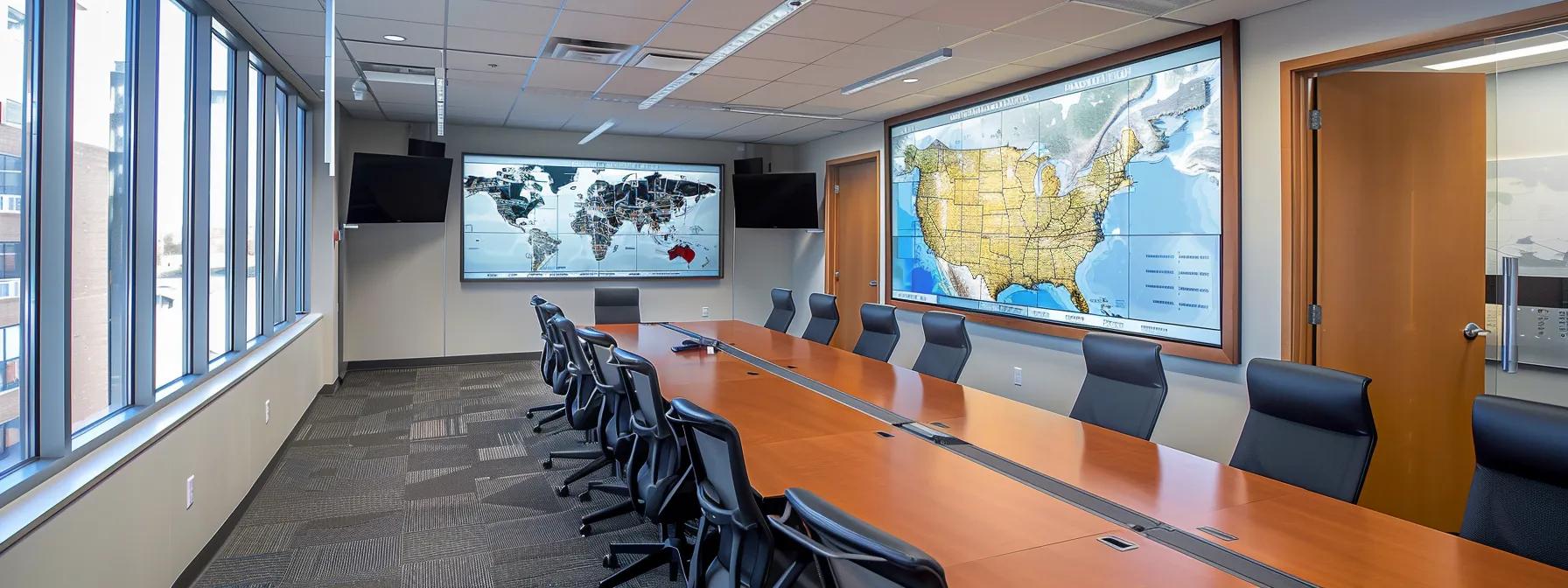 a modern pest control office in rhode island, featuring a sleek conference room with a large map of the region on the wall, showcasing rodent infestation hotspots and local building designs, illuminated by bright overhead lights casting sharp shadows, emphasizing the professional expertise of local pest control specialists.