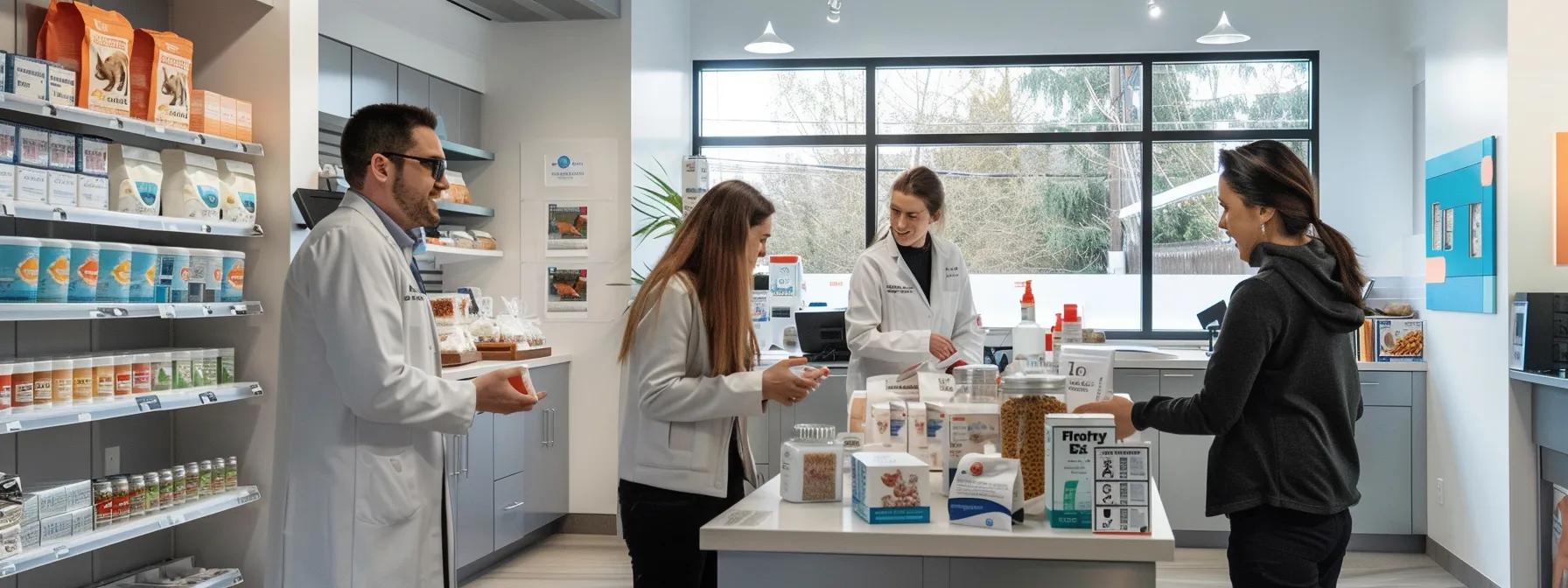 a modern pet food consultation office, featuring a sleek table with an array of high-quality wet and dry dog food brands, and a knowledgeable veterinarian passionately discussing balanced dietary options with pet owners under bright, focused lighting.