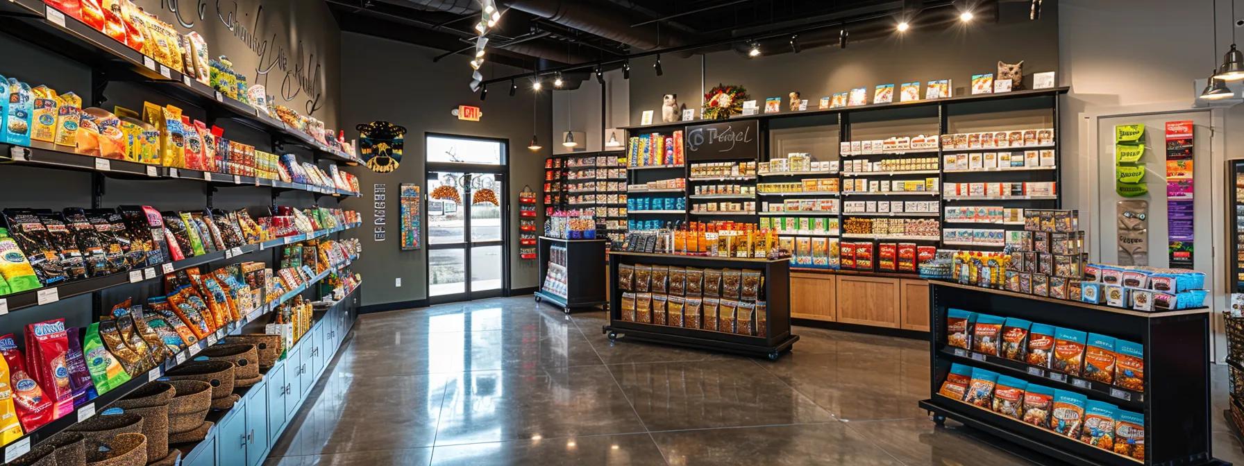 a modern pet specialty store showcases a colorful display of premium rawhide products, each carefully labeled with safety certifications and nutritional information, against a sleek, polished backdrop of gleaming shelves and bright overhead lighting. a modern pet specialty store showcases a colorful display of premium rawhide products, each carefully labeled with safety certifications and nutritional information, against a sleek, polished backdrop of gleaming shelves and bright overhead lighting.