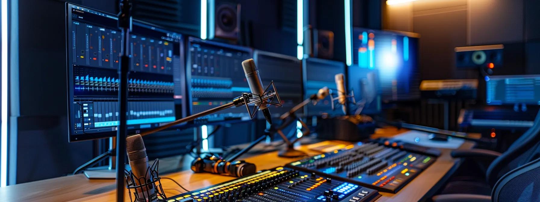 a modern podcast studio showcases sleek technology with microphones, soundboards, and computer screens displaying waveform analytics, while an ai interface visibly handles automation tasks, reflecting the seamless integration of ai tools in content creation.