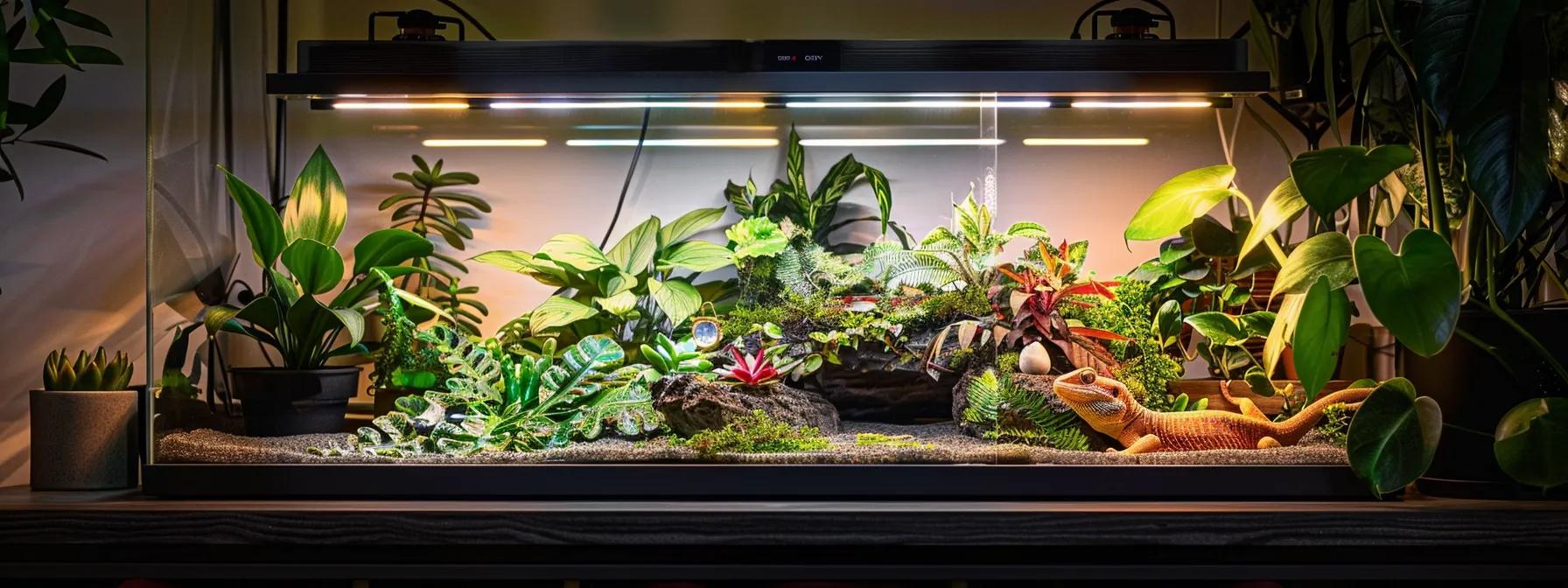 a modern reptile care setup features a sleek heat lamp shining down on a vibrant terrarium with a heat mat underneath, illustrating the contrasting heat distribution methods in an urban, well-lit room. a modern reptile care setup features a sleek heat lamp shining down on a vibrant terrarium with a heat mat underneath, illustrating the contrasting heat distribution methods in an urban, well-lit room.