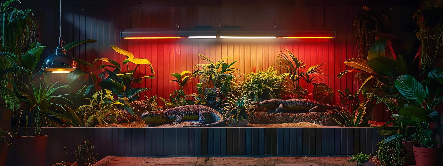 a modern reptile habitat featuring sleek, energy-efficient heat lamps casting a warm glow over vibrant reptiles, set against a minimalist urban backdrop that emphasizes sustainable technology and responsible pet care.