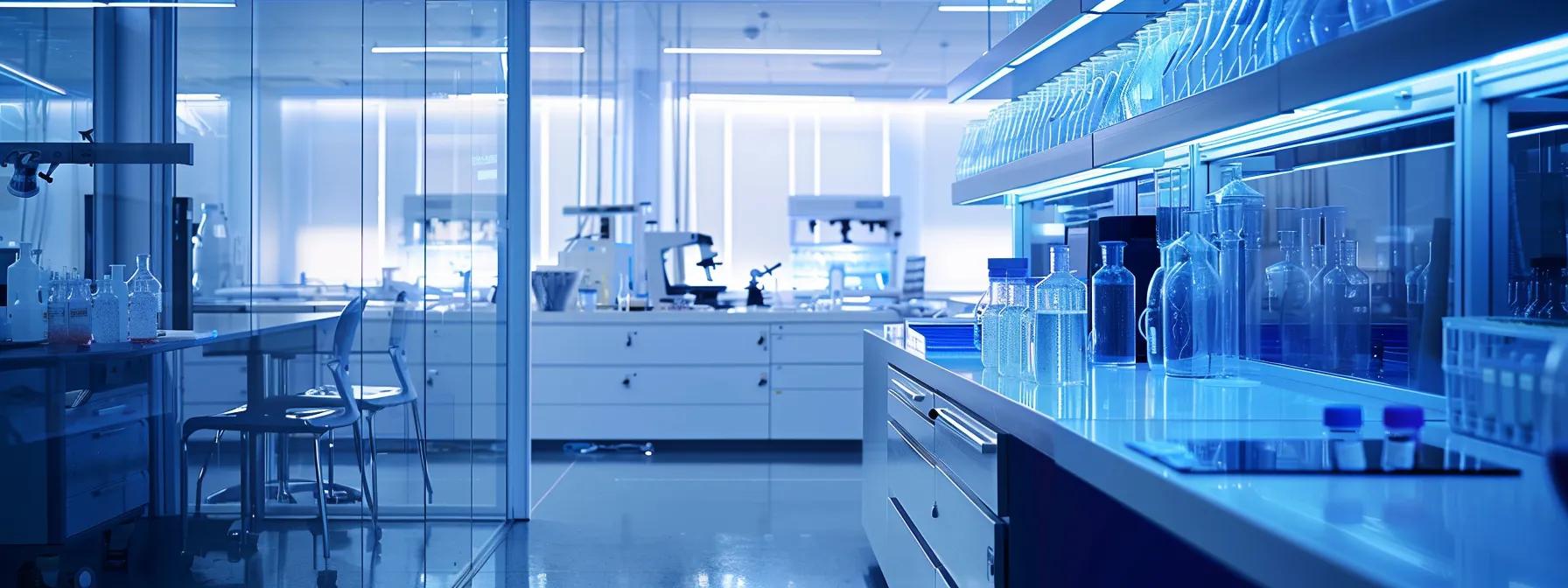 a modern research laboratory features a sleek, high-tech environment with illuminated glass vials and advanced equipment, highlighting the scientific exploration of akkermansia's role in weight loss.