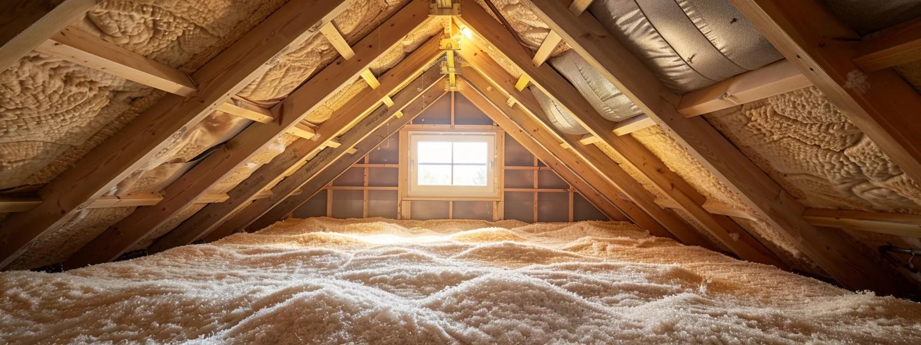 a modern residential attic space, impeccably organized and well-insulated, features bright, energy-efficient lighting that highlights the contrast between the cool, controlled interior and the stark, unconditioned area beyond, visually representing the impact of enhanced attic insulation on energy efficiency in fuquay-varina homes. How Does Attic Insulation Impact Energy Bills in Fuquay‑Varina Homes?