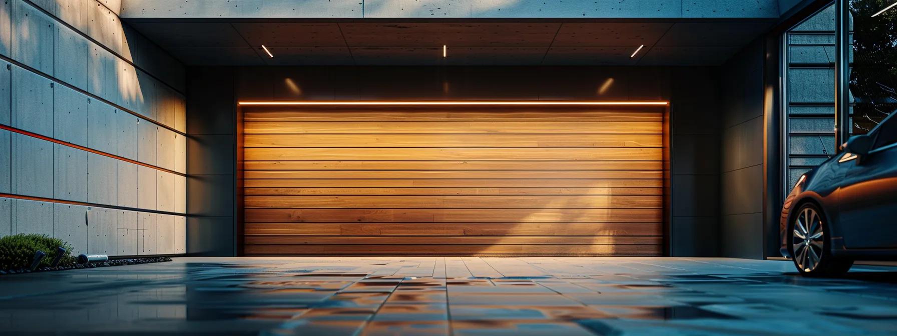 a modern residential garage door prominently displayed in a sleek urban driveway, showcasing varying materials like steel and wood, alongside important tools and equipment that symbolize repair and maintenance efforts. a modern residential garage door prominently displayed in a sleek urban driveway, showcasing varying materials like steel and wood, alongside important tools and equipment that symbolize repair and maintenance efforts.
