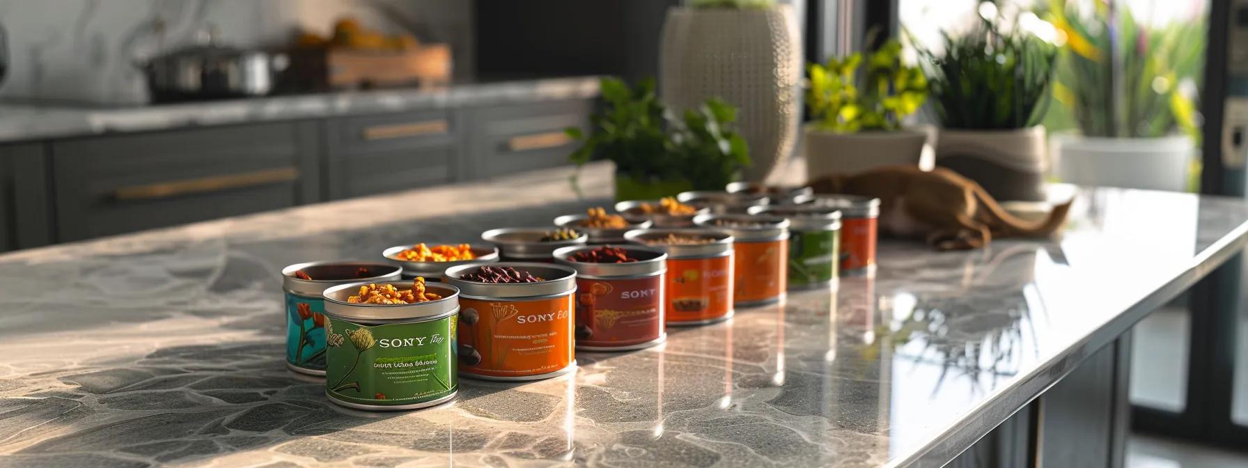 a modern, sleek kitchen countertop showcases an array of high-quality grain-free wet dog food cans, each featuring vibrant ingredient illustrations and clear labels, emphasizing wholesome, natural components ready for a discerning pet owner's selection. a modern, sleek kitchen countertop showcases an array of high-quality grain-free wet dog food cans, each featuring vibrant ingredient illustrations and clear labels, emphasizing wholesome, natural components ready for a discerning pet owner's selection.