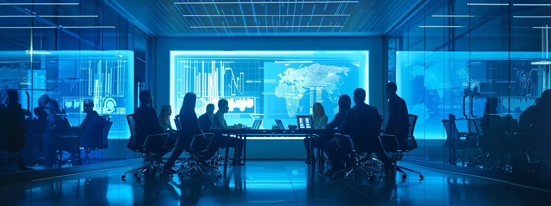 a modern, sleek office conference room features a large table surrounded by engaged professionals reviewing vibrant graphs and charts that highlight affordable lawn care services and customer questions, illuminated by warm, focused lighting.