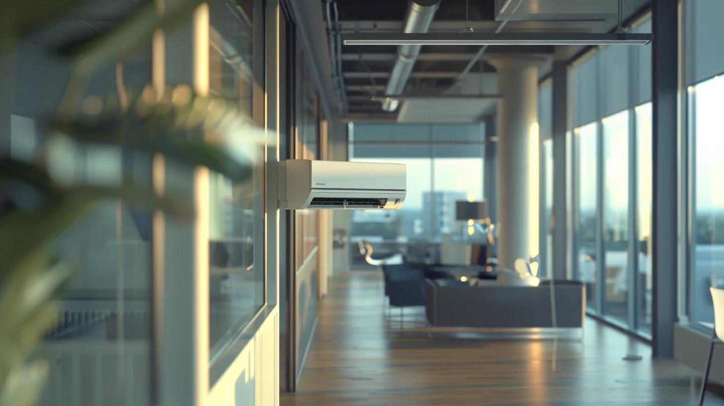 a modern, sleek office environment showcases an air conditioning unit being meticulously cleaned, emphasizing the importance of maintenance for optimal energy efficiency and indoor air quality.