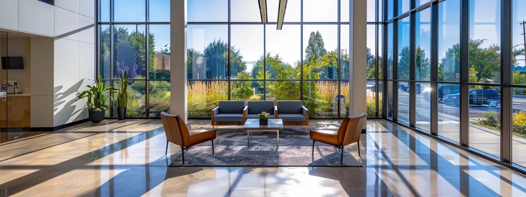 a modern, sleek office interior showcases pristine replacement windows that brighten the space with a crisp, contemporary design, emphasizing the expertise and quality of wallaby windows in roswell.