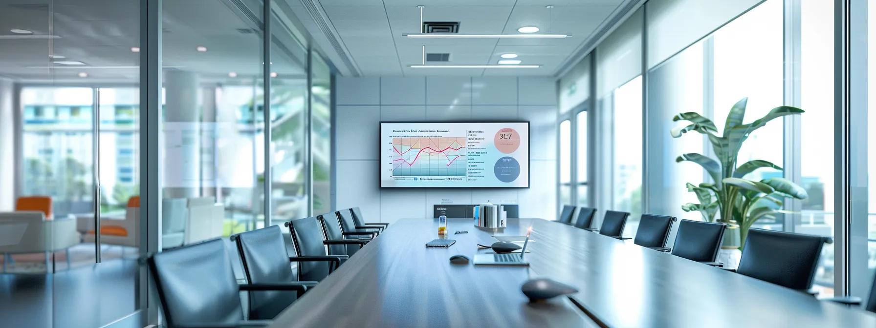 a modern, sleek office space features a polished conference table with a digital presentation on optimal ibutamoren dosages, highlighting the cutting-edge approach to anti-aging solutions in a vibrant, professional atmosphere.
