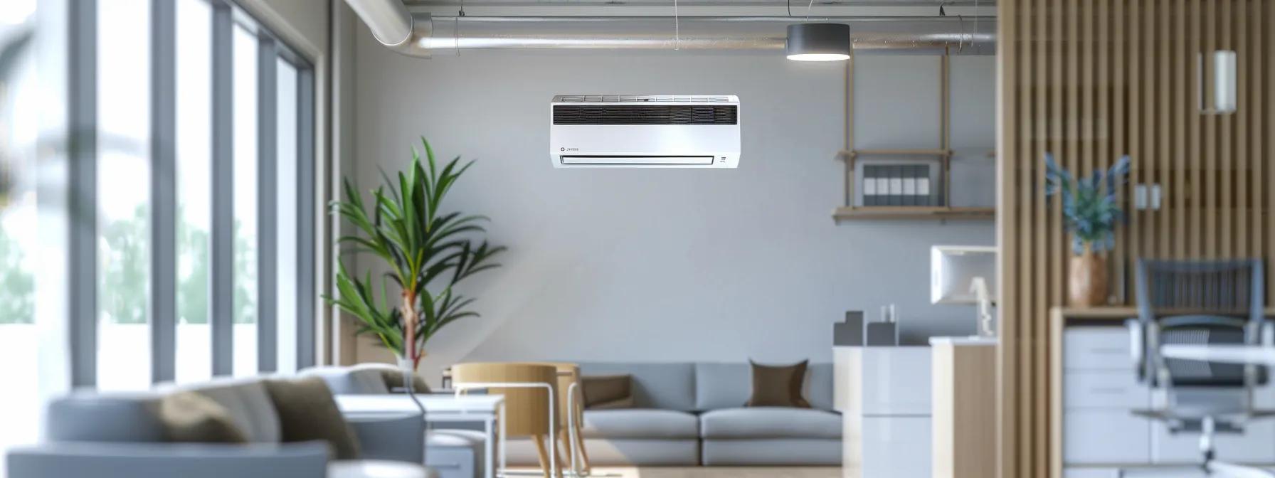a modern, sleek office space showcases a side-by-side comparison of a stylish ductless mini-split unit and a traditional central air system, highlighting their distinct designs and functionalities under bright, focused lighting.