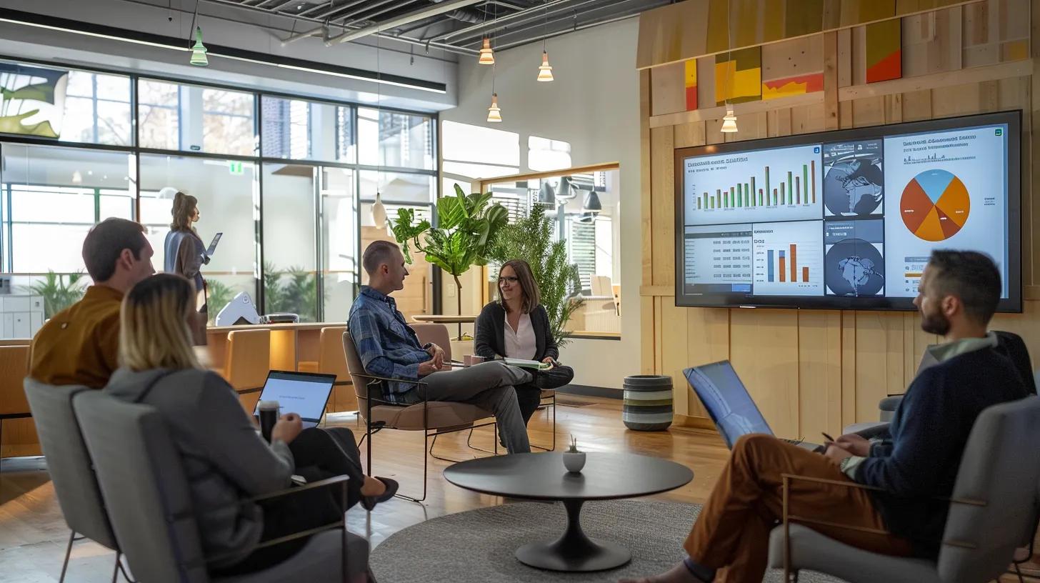 a modern, sleek office space showcases a diverse group of homeowners engaged in an animated discussion around wind mitigation strategies, with visual charts and graphs displayed prominently on digital screens highlighting significant cost savings.