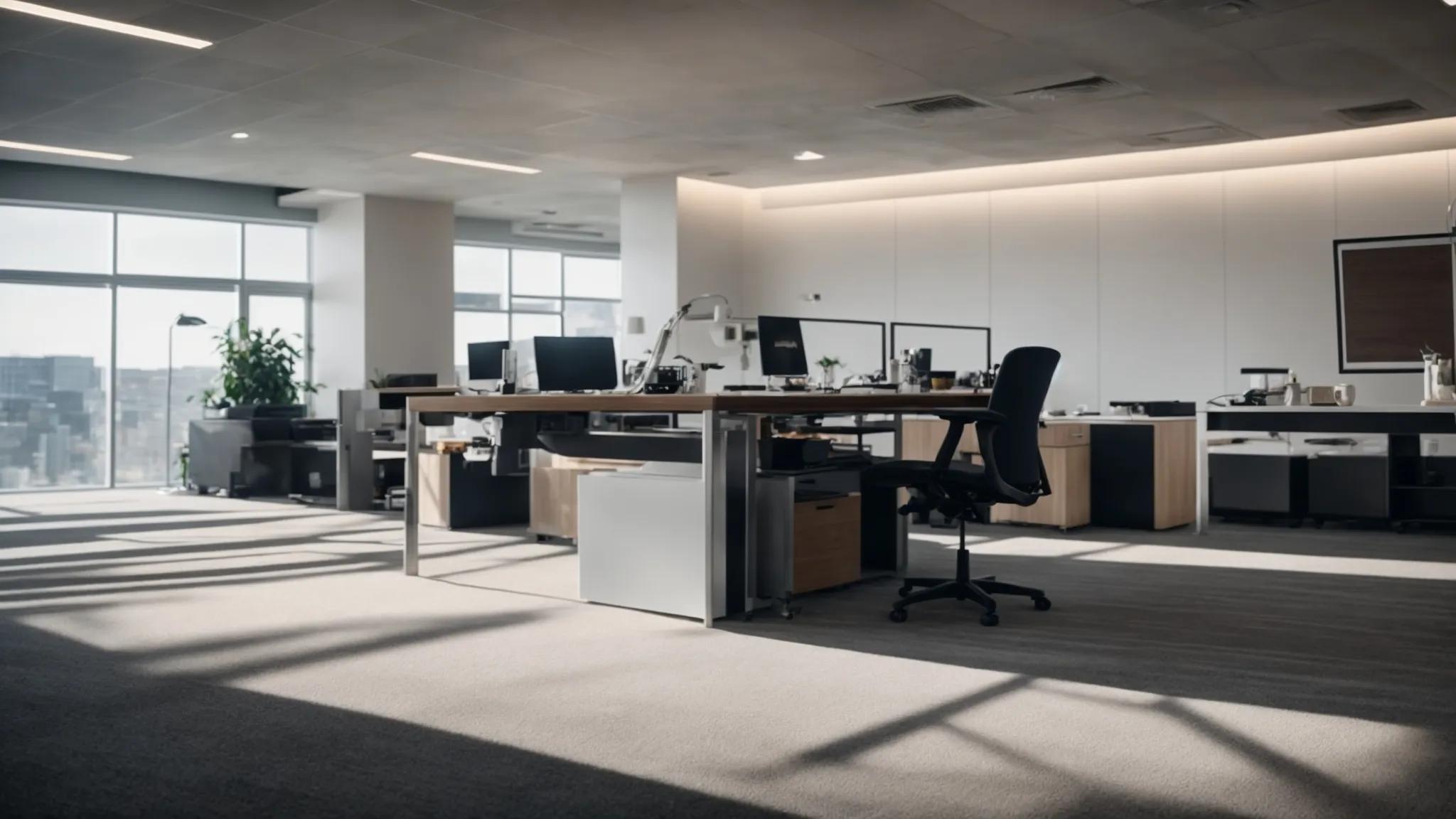 a modern, sleek office space showcases a professional steam carpet cleaning process in action, with a powerful machine efficiently extracting dirt from plush carpets while vibrant light highlights the impressive cleanliness and renewed texture.