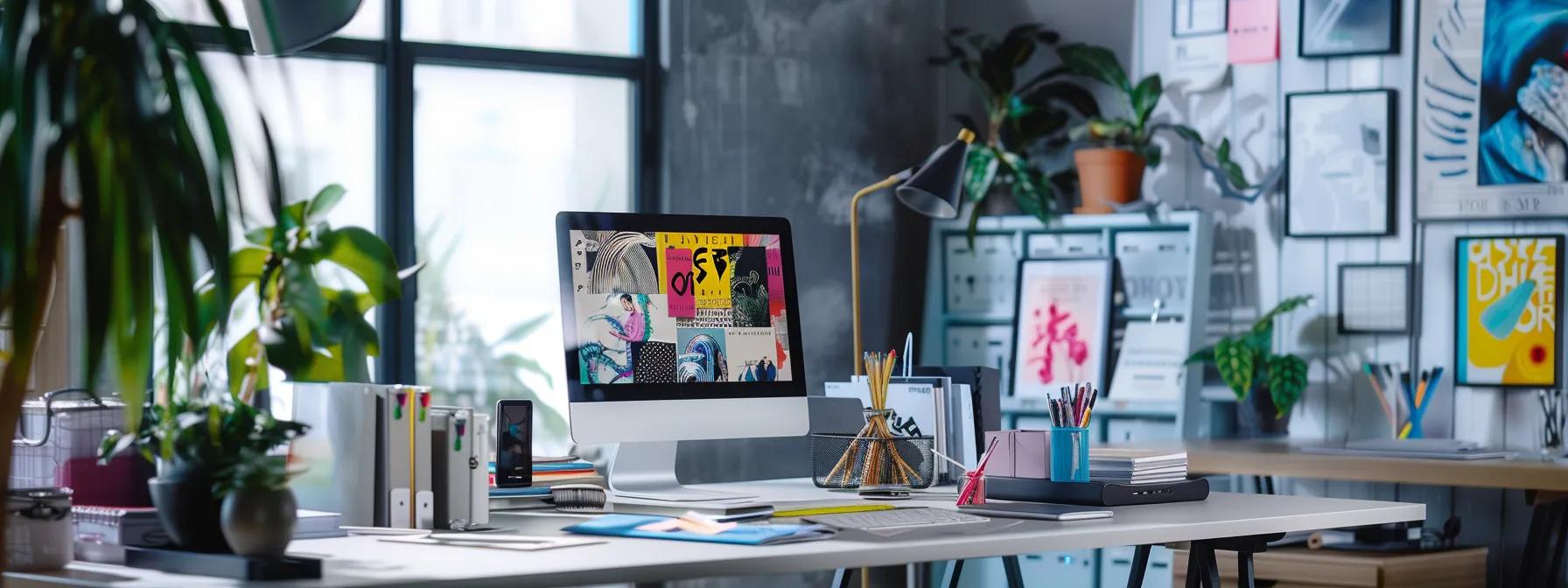 a modern, sleek office workspace featuring a computer screen displaying vibrant, customizable wedding invitation designs, surrounded by elegant stationery and decorative elements that reflect various wedding themes.