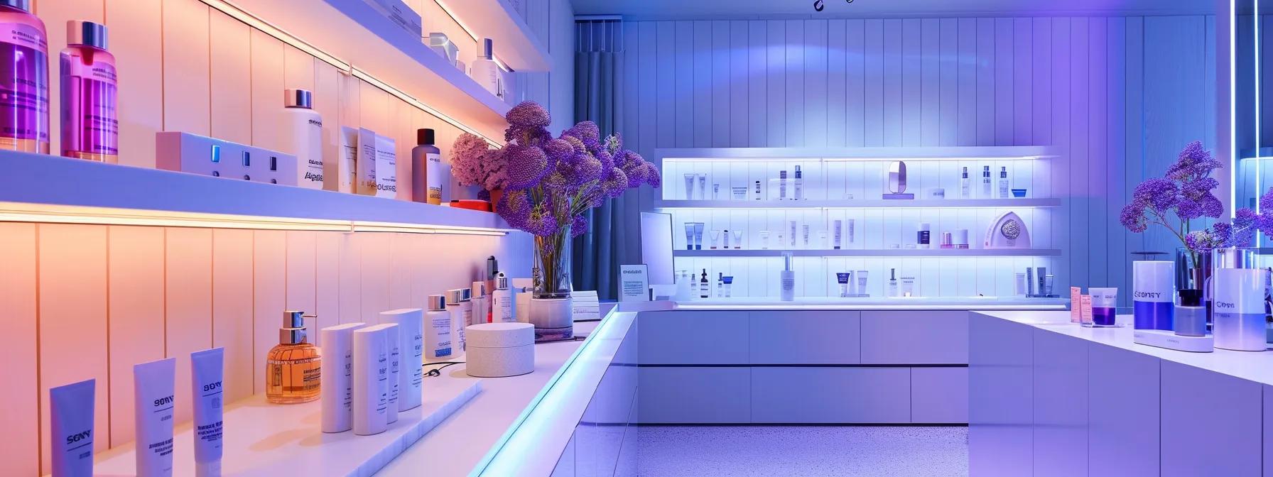 a modern, sleek skincare studio showcases a comparison of glowing led masks on one side and traditional skincare products on the other, illuminated by bright, clinical lighting that highlights their striking differences.