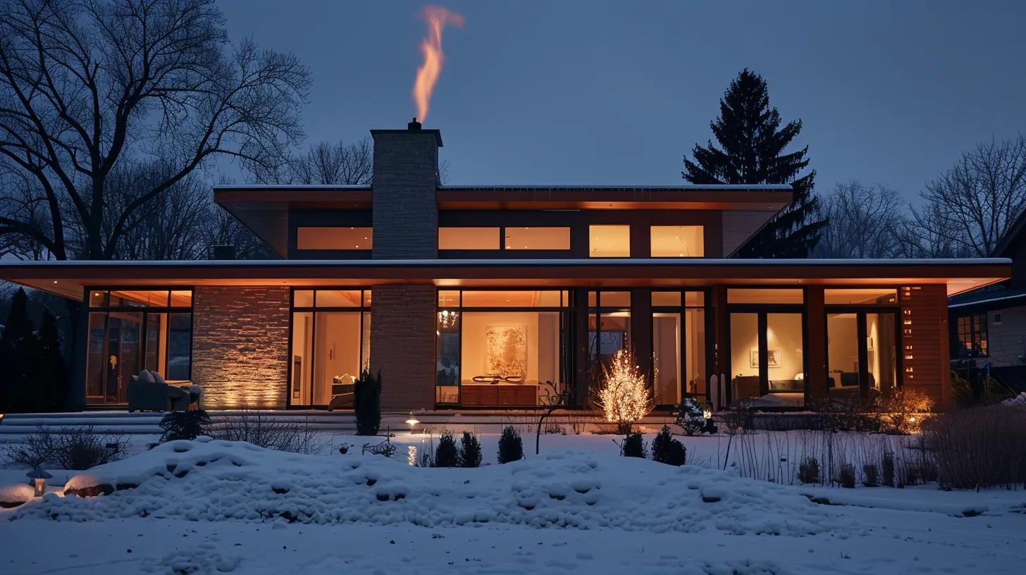Modern stylish Fargo home with energy-efficient design, featuring a prominent chimney with smoke, surrounded by snow and illuminated landscaping, showcasing durability and aesthetic appeal for local climate conditions.