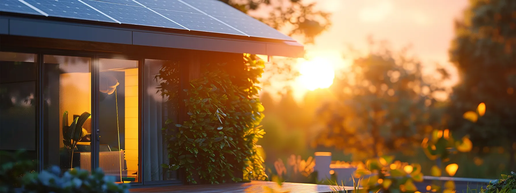 a modern, sunlit home with solar panels on the roof, glowing green with energy efficiency, powered by innovative solarai technology.