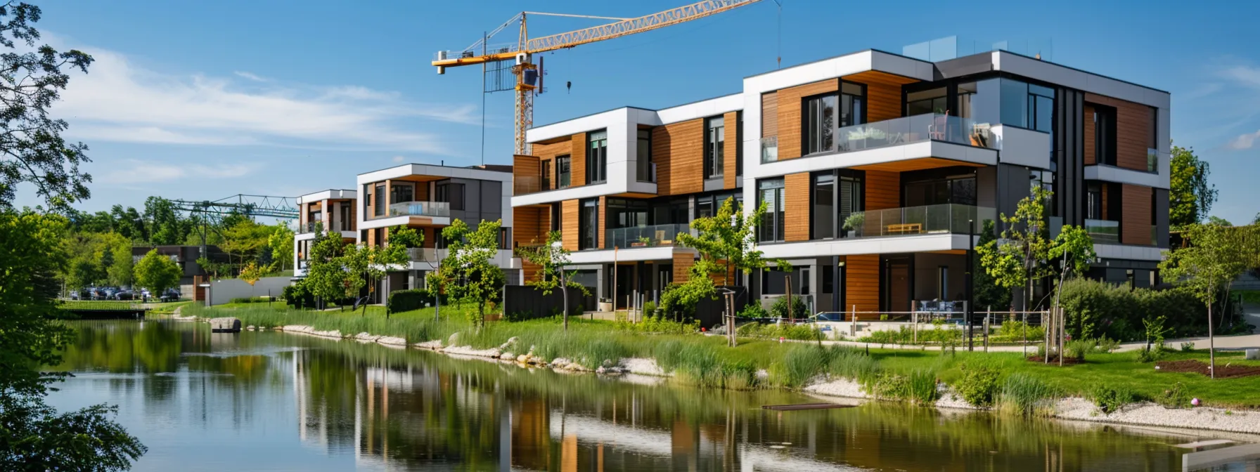 a modern townhouse surrounded by lush greenery and sparkling lakes, with construction cranes and vibrant amenities in the background, encapsulating the key factors influencing lake country's real estate market. a modern townhouse surrounded by lush greenery and sparkling lakes, with construction cranes and vibrant amenities in the background, encapsulating the key factors influencing lake country's real estate market.