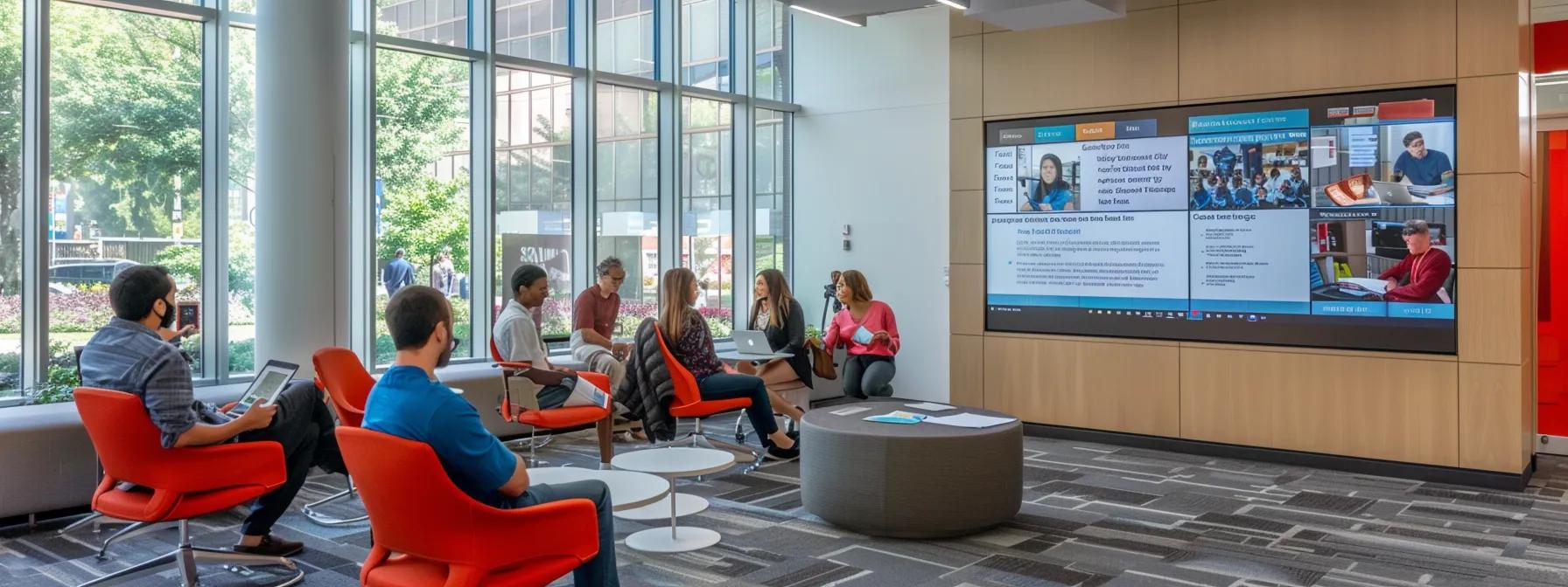 a modern university office setting exudes professionalism as enthusiastic educators present engaging information to prospective students through a sleek digital display, highlighting both the tangible and intangible benefits of their programs. a modern university office setting exudes professionalism as enthusiastic educators present engaging information to prospective students through a sleek digital display, highlighting both the tangible and intangible benefits of their programs.