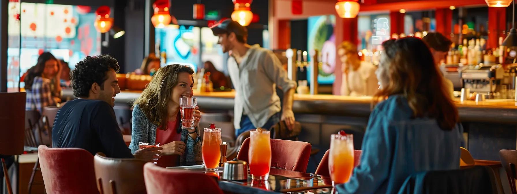 a modern urban bar setting filled with stylish adults socializing over colorful delta-9 seltzers, showcasing the trendy, health-conscious lifestyle and innovative appeal of this low-calorie beverage alternative. a modern urban bar setting filled with stylish adults socializing over colorful delta-9 seltzers, showcasing the trendy, health-conscious lifestyle and innovative appeal of this low-calorie beverage alternative.