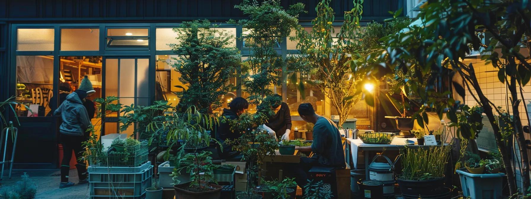 a modern urban garden workshop showcases a diverse group of engaged individuals learning professional tree pruning techniques amidst neatly arranged tools and vibrant saplings, under the soft glow of artificial lights. a modern urban garden workshop showcases a diverse group of engaged individuals learning professional tree pruning techniques amidst neatly arranged tools and vibrant saplings, under the soft glow of artificial lights.