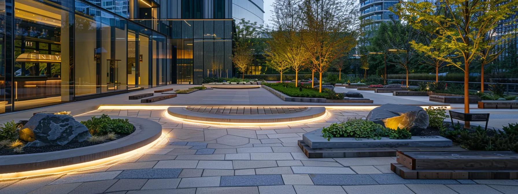 a modern urban hardscape project, featuring intricately designed stone pathways and contemporary seating areas, showcases the seamless integration of aesthetics and functionality under dynamic artificial lighting. a modern urban hardscape project, featuring intricately designed stone pathways and contemporary seating areas, showcases the seamless integration of aesthetics and functionality under dynamic artificial lighting.
