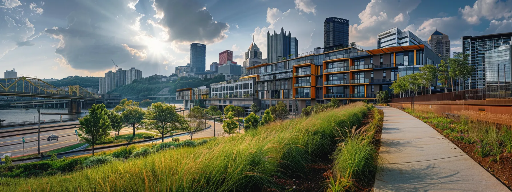 a modern urban landscape of pittsburgh showcases a vibrant community initiative, with clean, actively monitored soil remediation sites and residents engaging in sustainable practices amidst striking city architecture.