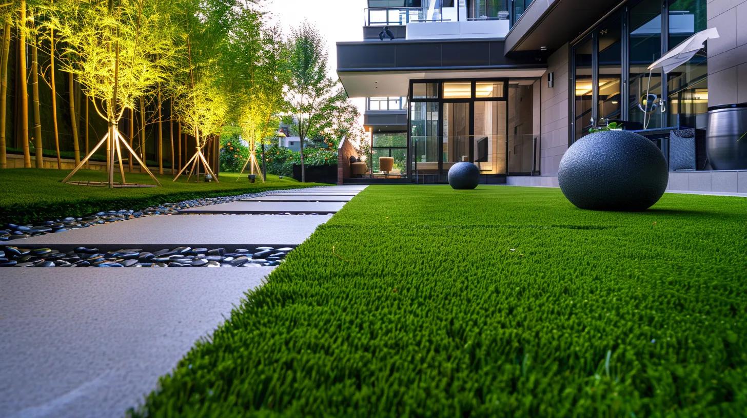 a modern urban landscape features a stylish outdoor space showcasing various types of eco-friendly artificial grass, with sleek synthetic turf systems displayed on contemporary patios and walkways under soft, artificial lighting. a modern urban landscape features a stylish outdoor space showcasing various types of eco-friendly artificial grass, with sleek synthetic turf systems displayed on contemporary patios and walkways under soft, artificial lighting.