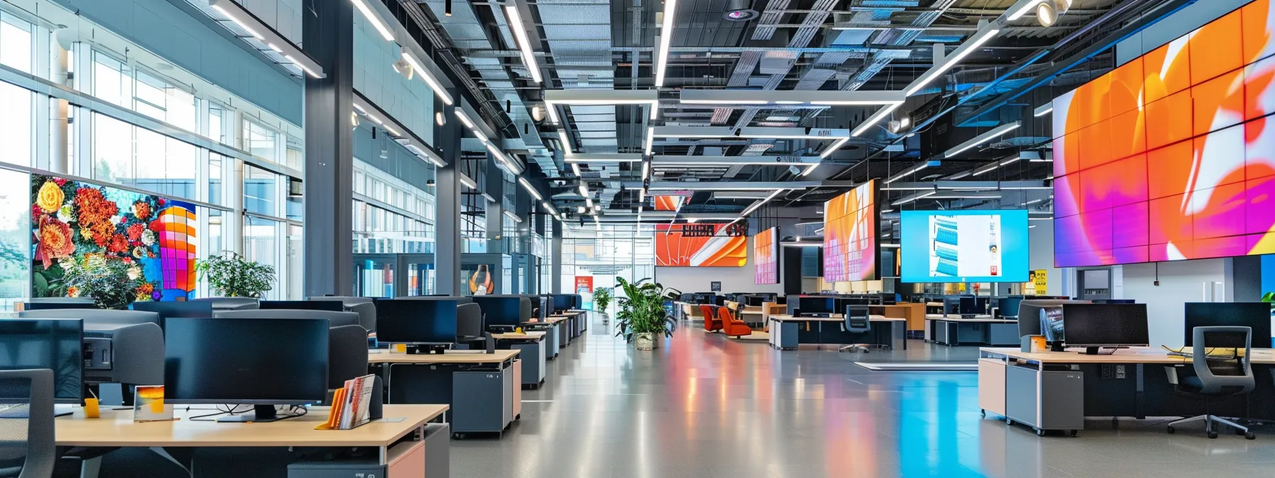 a modern urban office space filled with digital screens displaying vibrant streaming tv ad campaigns, showcasing the dynamic growth and engagement opportunities in the advertising landscape of 2025.